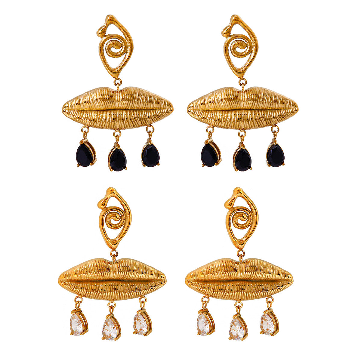 EVIL EYE LIPS CHUNKY GOLD DANGLE EARRINGS