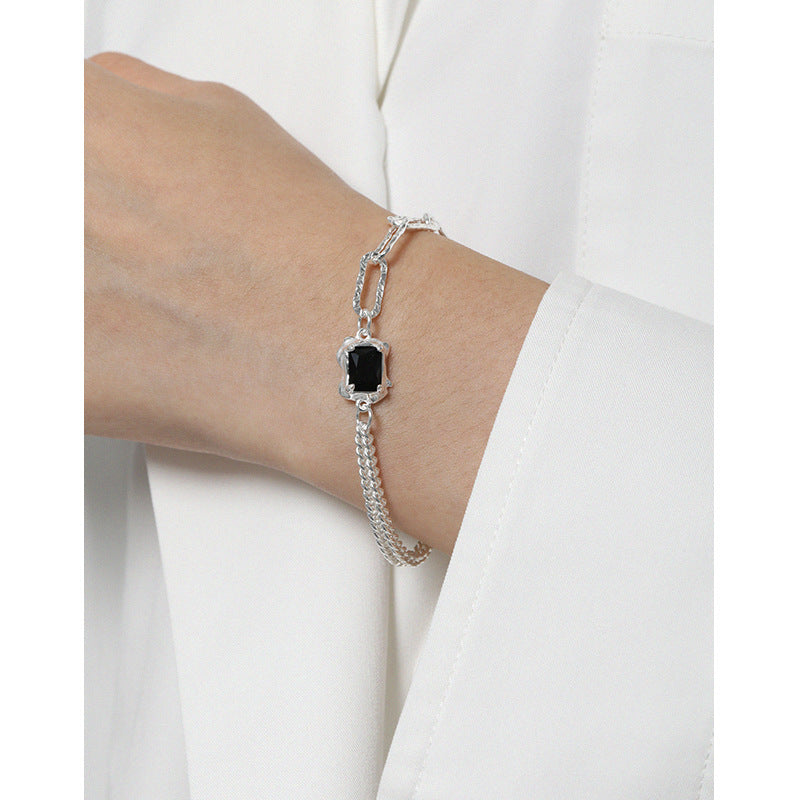Layered Gold Link Bracelet With Black Zirconia