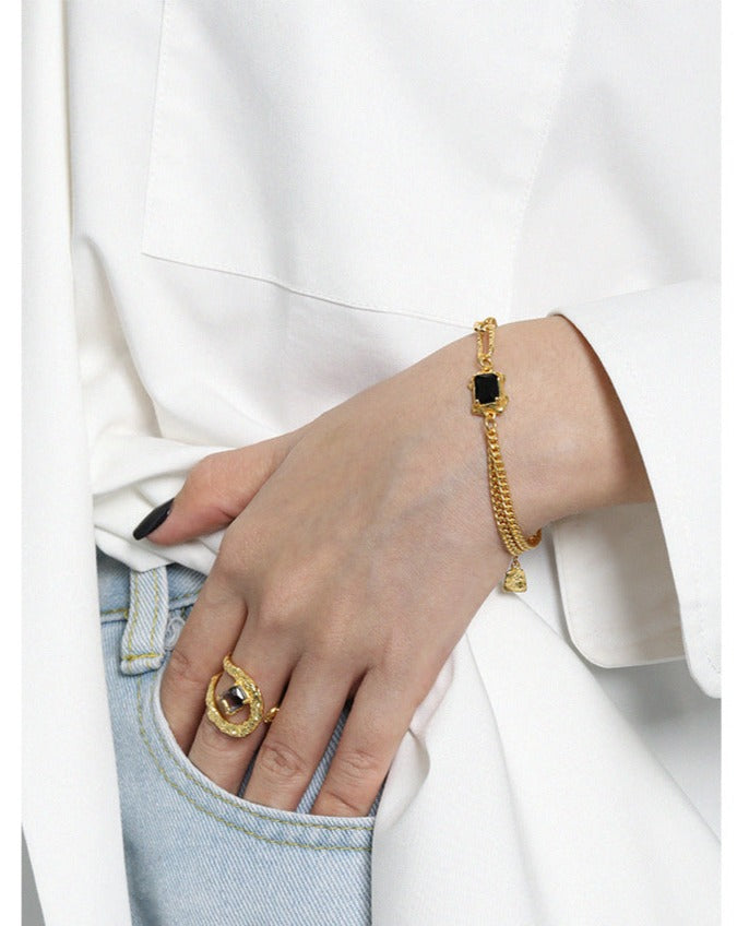 Layered Gold Link Bracelet With Black Zirconia
