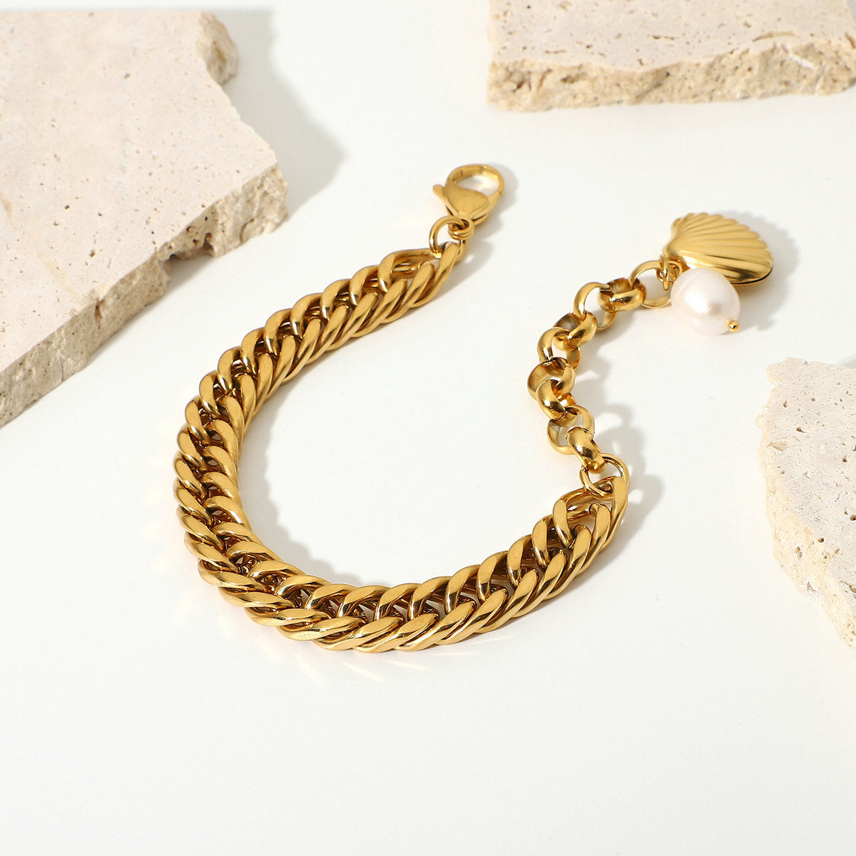 GOLD CUBAN CHAIN BRACELET WITH PENDANTS
