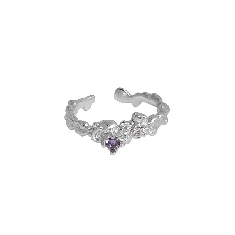IRREGULAR TEXTURED SILVER RING WITH ZIRCON STONE