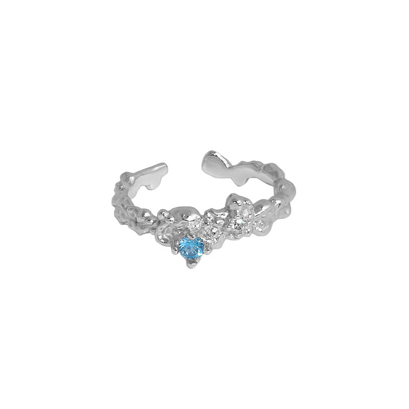 IRREGULAR TEXTURED SILVER RING WITH ZIRCON STONE