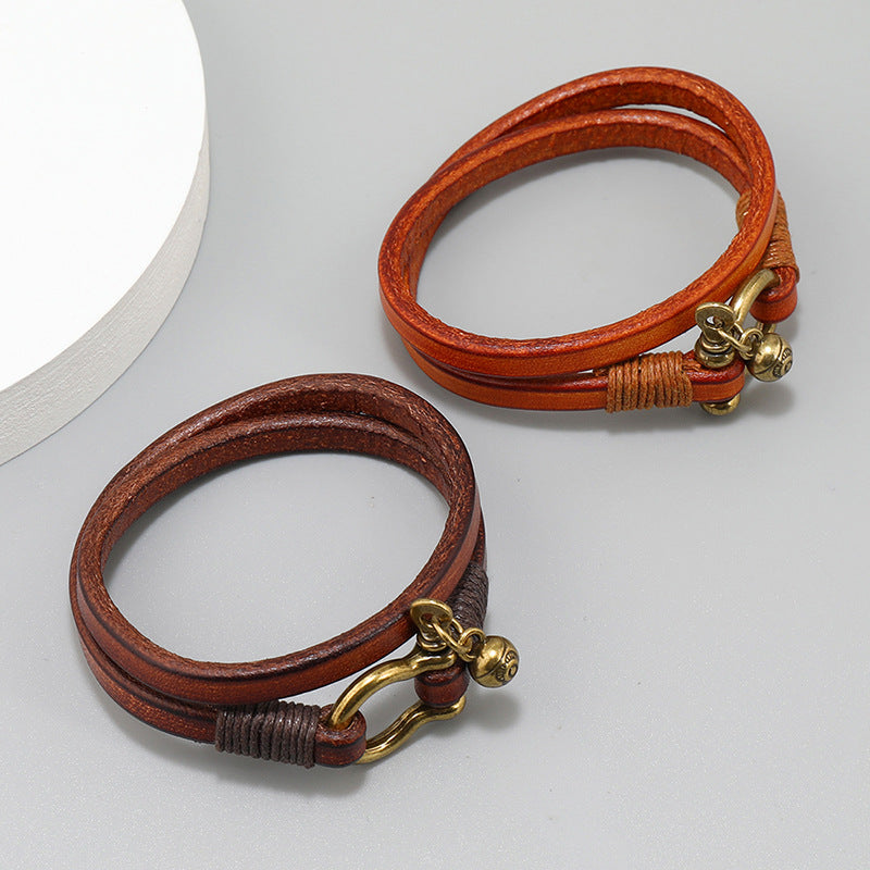 LEATHER DOUBLE WRAP CORD UNISEX SHACKLE BRACELET