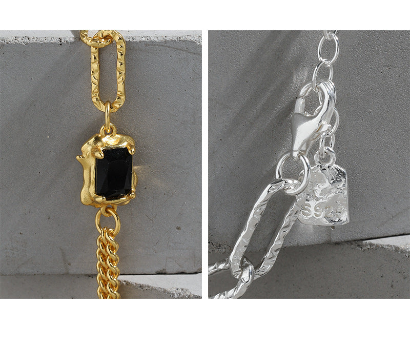 Layered Gold Link Bracelet With Black Zirconia