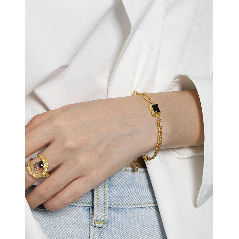 Layered Gold Link Bracelet With Black Zirconia