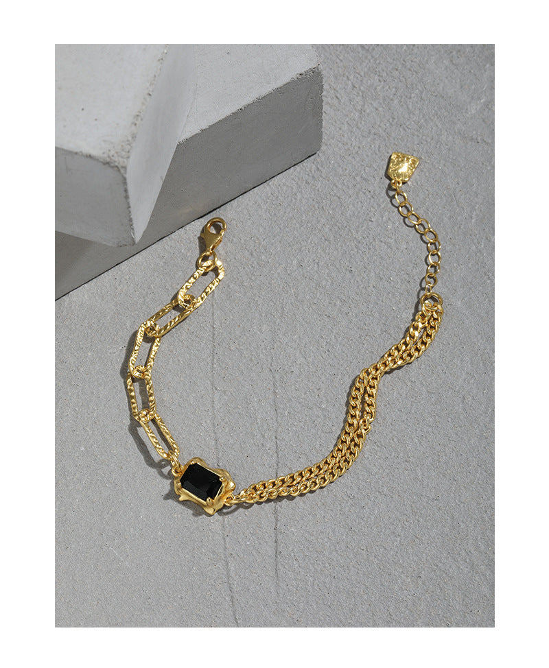 Layered Gold Link Bracelet With Black Zirconia