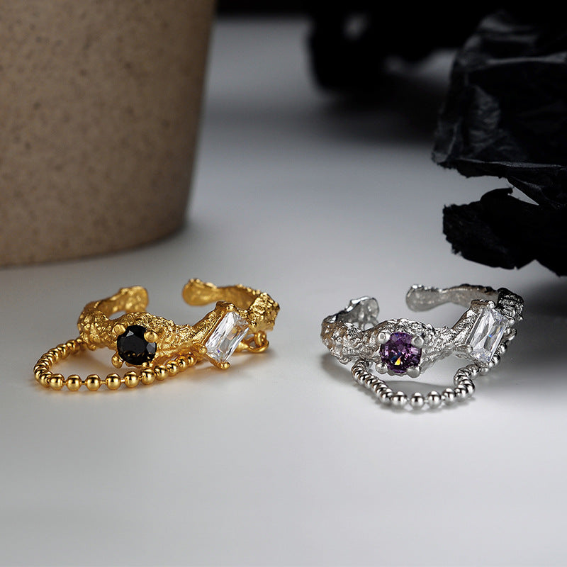 IRREGULAR TEXTURE SILVER RING WITH CHIAN AND ZIRCON