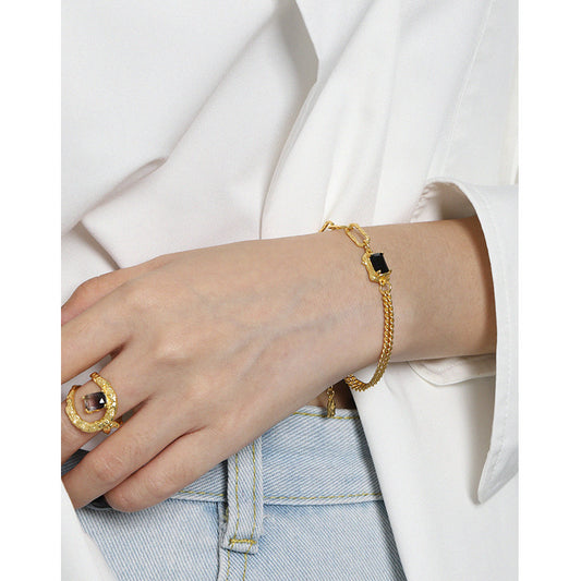 Layered Gold Link Bracelet With Black Zirconia